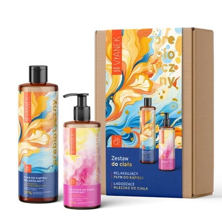 Vianek Prebiotic Body Kit mit pflegenden Produkten auf weißem Hintergrund, natürliche Inhaltsstoffe, für gesunde Hautpflege.