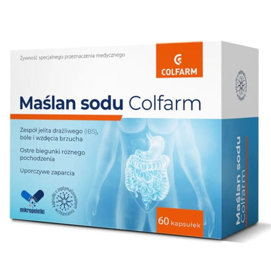 Natriumbutyrat von COLFARM, 60 Kapseln, in einer weißen Verpackung, sichtbar in der Abbildung.