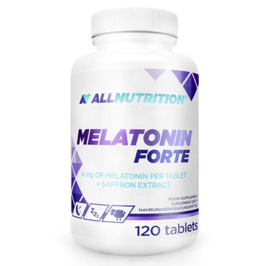 Allnutrition Melatonin Forte Kapseln, 120 Stück, close-up mit Verpackung und Kapseln auf weißem Hintergrund