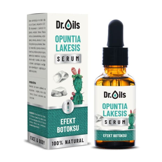 Opuntia Lakesis Serum von Dr. Oils in 30 ml Flasche, zeigt die elegante Verpackung und das transparente Serum in der Flasche