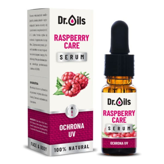 Himbeerpflege Serum von Dr. Oils in 10 ml Flasche, sichtbare Verpackung und Produktbeschreibung auf der Flasche
