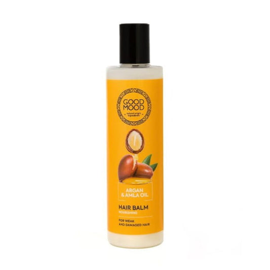 Gute Laune Argan und Amla Haarbalsam in 250 g Flasche, pflegt und stärkt Haare, sichtbar auf der Verpackung