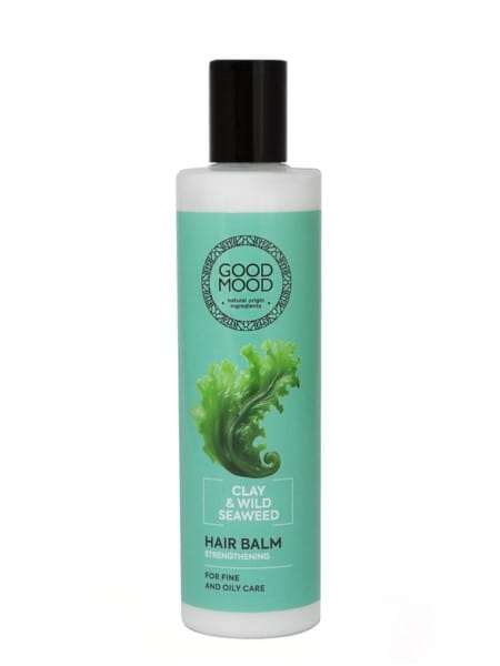 Guter-Laune-Haarbalsam aus Ton und Wildalgen, gepflegendes Haarpflegemittel von Dystrybutor Biogo.pl, cremige Textur, sichtbare Inhaltsstoffe
