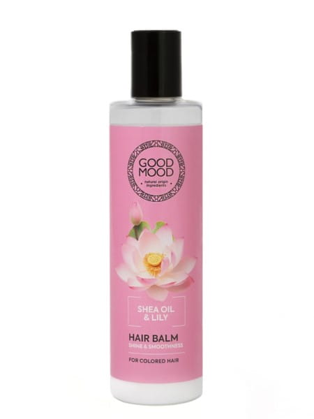 Gute Laune Sheaöl und Lilie Haarbalsam von Biogo.pl in 250 g, zeigt Flasche mit Sheaöl und Lilien-Design.