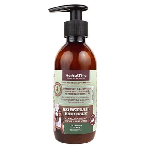 Haarbalsam mit Schachtelhalm von Herbal Time in einer Verpackung, für gesundes Haar, auf weißem Hintergrund.