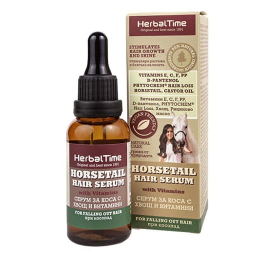 Haarserum gegen Haarausfall von Herbal Time, flüssige Pflege mit natürlichen Inhaltsstoffen in einer eleganten Flasche