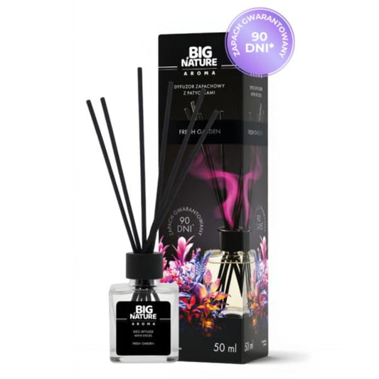 Großer Nature Duft-Diffusor FRESH GARDEN von Biogo.pl, 50 ml, zeigt den stilvollen Diffusor mit frischem Gartenaroma.