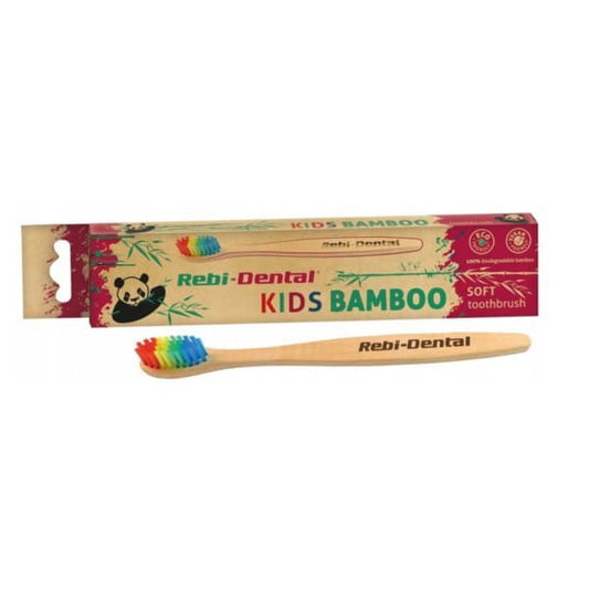 Weiche Kinder-Zahnbürste von Rebi-Dental mit bunten Borsten, ideal für sanfte Zahnpflege bei Kindern.