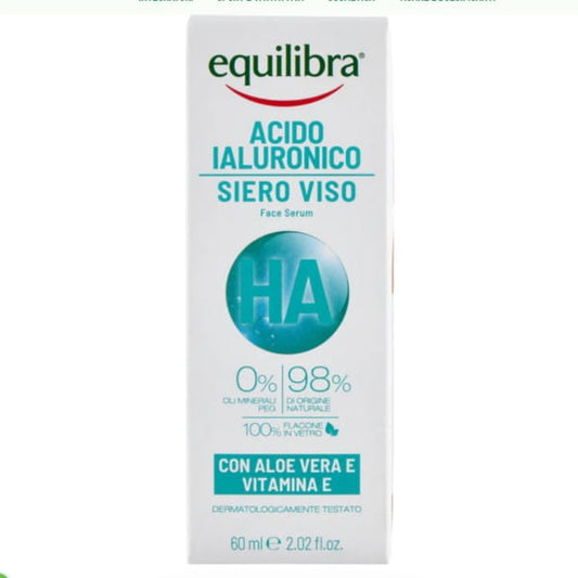 Equilibra Gesichtsserum mit Hyaluronsäure, flüssige Pflege für die Haut, in einer 60 ml Flasche, sichtbar auf dem Bild