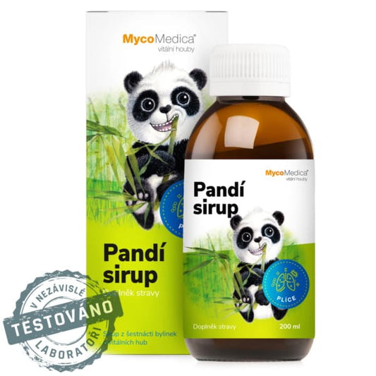 Panda Sirup von MycoMedica in 200 ml Flasche, braune Verpackung mit Panda-Illustration, natürliches Pilzpräparat