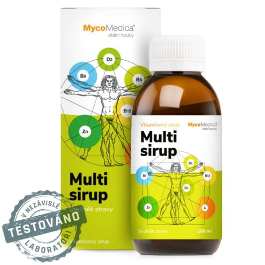 MycoMedica Multi-Sirup in 200 ml Flasche, natürlicher Nahrungsergänzung mit Pilzextrakten, auf dem Bild sichtbar