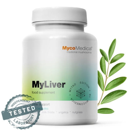 MycoMedica MyLiver 90 Kapseln, Nahrungsergänzung für die Leber, im dunklen Glasbehälter, natürliche Leberpflege.