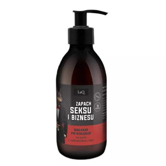 LAQ Aftershave-Balsam 150 ml von Dobermann, pflegt die Haut nach der Rasur, sichtbar in der Flasche mit weißem Balsam.
