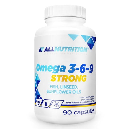 Omega 3-6-9 Kapseln von Allnutrition, 90 Stück, nahe aufgenommen, zeigt die Verpackung und Kapseln vor hellem Hintergrund
