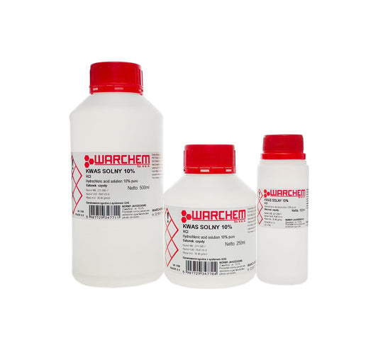 Reine Salzsäurelösung 10 % von WARCHEM in 100 ml Flasche, klare Flüssigkeit für chemische Anwendungen.