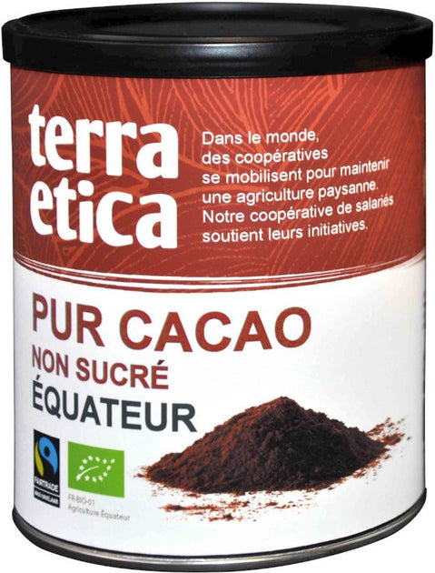 Bio Fairtrade Kakao aus TERRA ETICA, 200 g, mit dunkler, cremiger Konsistenz und nachhaltigem Anbau, in der Verpackung sichtbar.