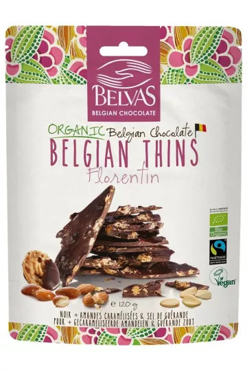 Zartbitterschokoladenstücke mit karamellisierten Mandeln von BELVAS, glutenfrei, fair gehandelt, BIO, 120 g.