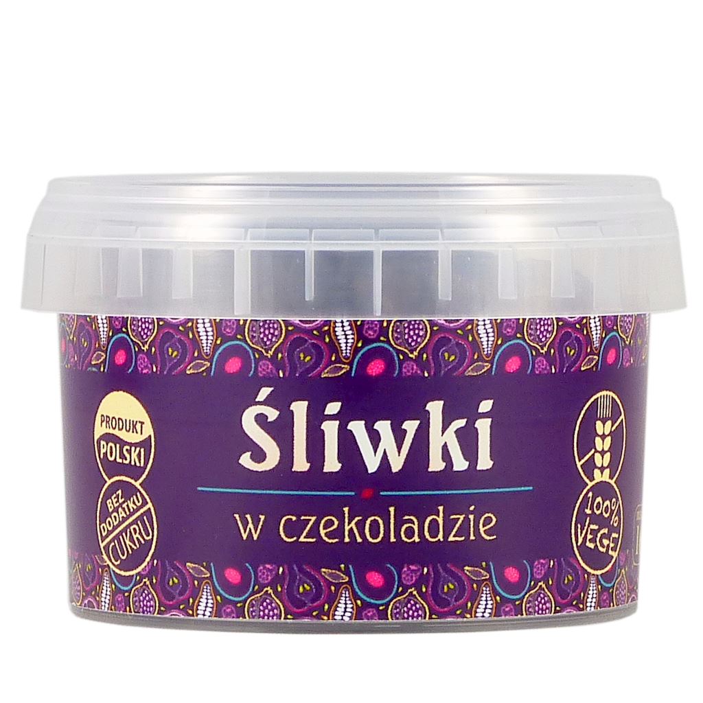 Schokolierte Pflaumen ohne Zucker, glutenfrei, 160g, von PIĘĆ PRZEMIAN (SIMPATIKO), Nahaufnahme der süßen Früchte in Schokolade