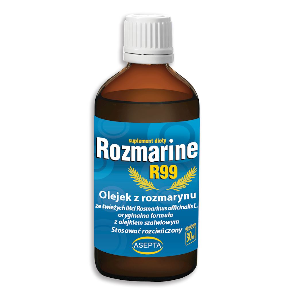 Rozmarine R99 30ml mit Rosmarinöl und Salbeiöl von ASEPTA, Flasche mit ätherischen Ölen auf weißem Hintergrund