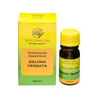 Aromatisches grünes Tee-Öl von AVICENNA, 7 ml Flasche, zeigt grünen Tee und natürliche Inhaltsstoffe in einer eleganten Verpackung