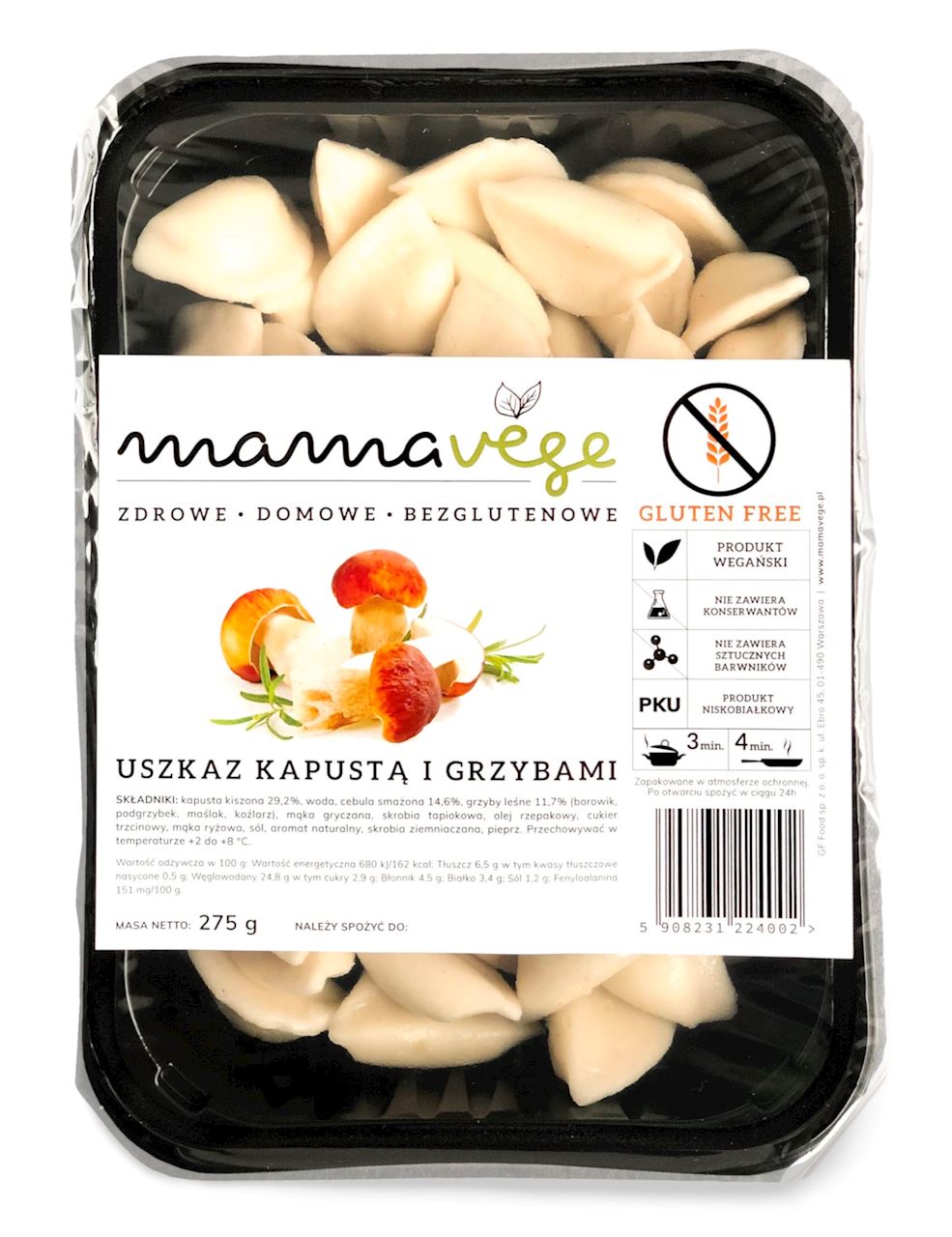 Glukosefreie Wurst mit Champignons von MAMA VEGE, 275 g, saisonale vegetarische Spezialität, frisch präsentiert auf dem Teller.