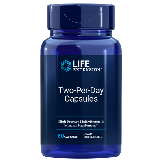 ZweiPerDay Kapseln von Life Extension, 60 Kapseln, enthalten Nahrungsergänzungsmittel in einer geöffneten Flasche auf weißem Hintergrund.
