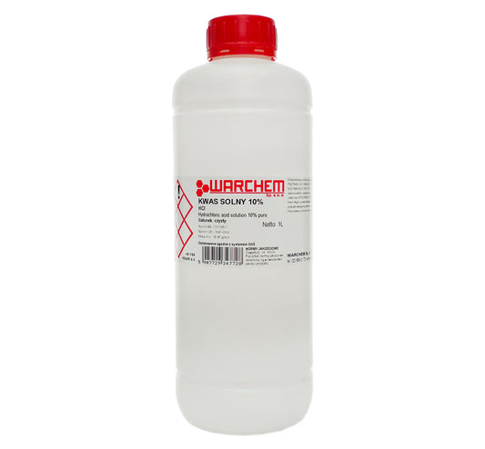 Gerades Bild von 1 Liter Salzsäure 10 % von WARCHEM, klare Flüssigkeit in einem Behälter.