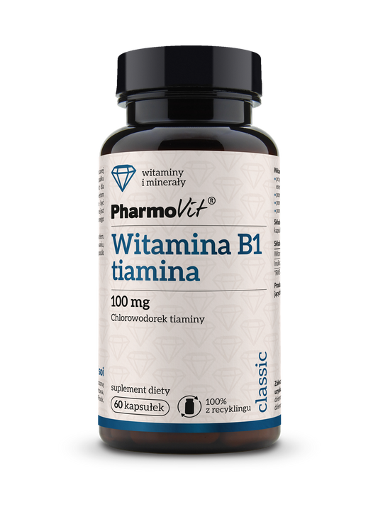 B1 Thiamin 100 mg Kapseln von PHARMOVIT, Classic Pharmovit, 60 Stück, Nahaufnahme der Verpackung und Kapseln