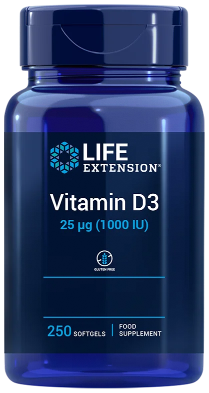 Vitamin D3 1000 IU Kapseln von Life Extension, 250 Stück, supplementiert die Knochengesundheit und das Immunsystem.
