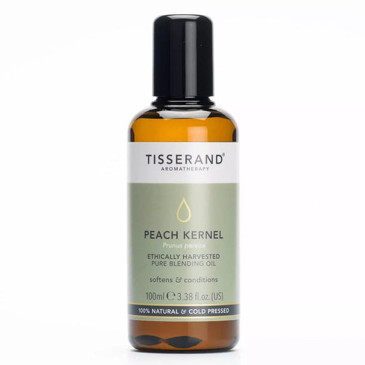 Ethisch geerntetes Pfirsichkern Basisöl von Tisserand Aromatherapy in einer 100 ml Flasche, zum Massieren und für Hautpflege.