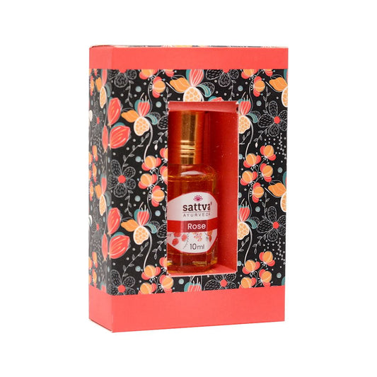 Düfte in Rosenöl, 10 ml Flasche von SATTVA, mit Rosendüften und elegantem Design sichtbar.