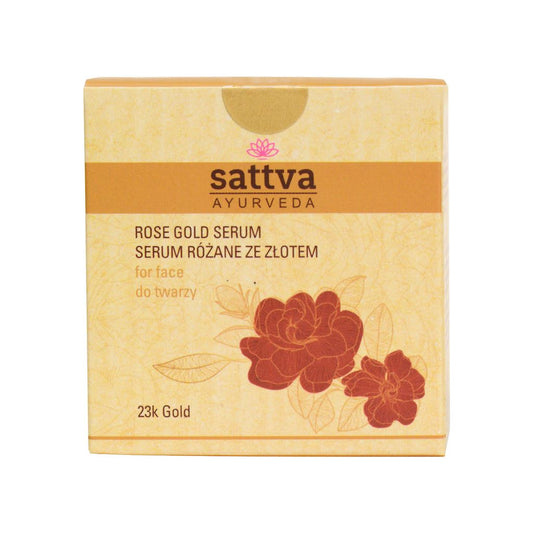 Gesichtsserum mit Roségold von SATTVA in 15 ml Flasche, zeigt das elegante Flaschendesign und die goldene Serum-Textur.