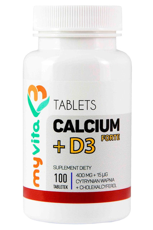 MyVita Calcium + D3 Forte Tabletten mit Kalziumzitrat 400mg und 15mcg Vitamin D3, geöffnete Packung auf weißem Hintergrund