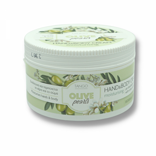 Hand- und Körpercreme mit Olivenöl und Aloe Vera von TANGO COSMETICS, 250 ml, cremige Textur, pflegt Haut sanft.