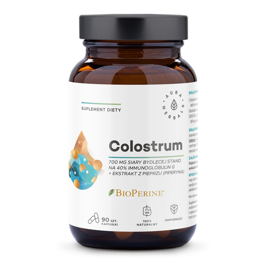 Kapseln von AURA HERBALS mit 700 mg Kolostrum und BioPerine, natürliche Ergänzung für das Immunsystem in einer Packung.