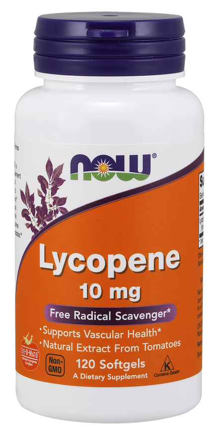 Lycopin-Kapseln von NOW FOODS, 120 Stück, vegan, antioxidative Nahrungsergänzung in braunen Kapseln auf weißem Hintergrund