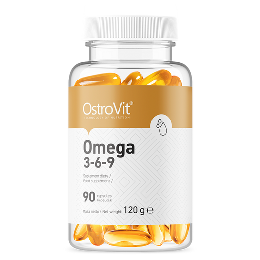 OSTROVIT Omega 3-6-9 Kapseln, Nahaufnahme der Verpackung mit 90 Kapseln, hochwertige Nahrungsergänzung für Omega-Fettsäuren