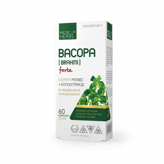 Medica Herbs Bacopa (Brahmi) forte 250mg, 60 Kapseln, Nahaufnahme der Kapseln in einer Packung.