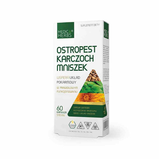 Medica Herbs Distel, Artischocke und Löwenzahn in 60 Kapseln, Nahaufnahme der Kapseln in einer Packung