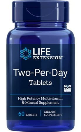 Lebensverlängernde Life Extension Zwei-Per-Day Multivitamin-Tabletten, 60 Stück in einer offenen Packung sichtbar