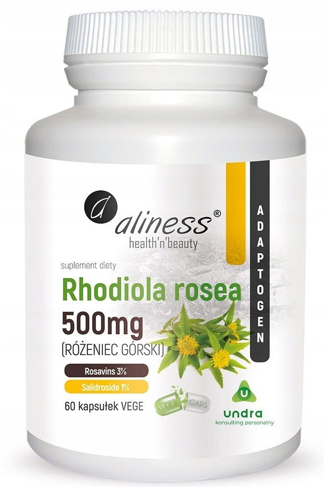 Rhodiola rosea-Extrakt 500 MG in 100 vegane Kapseln, von ALINESS, zeigt die Verpackung mit Kapseln und Produktbeschreibung