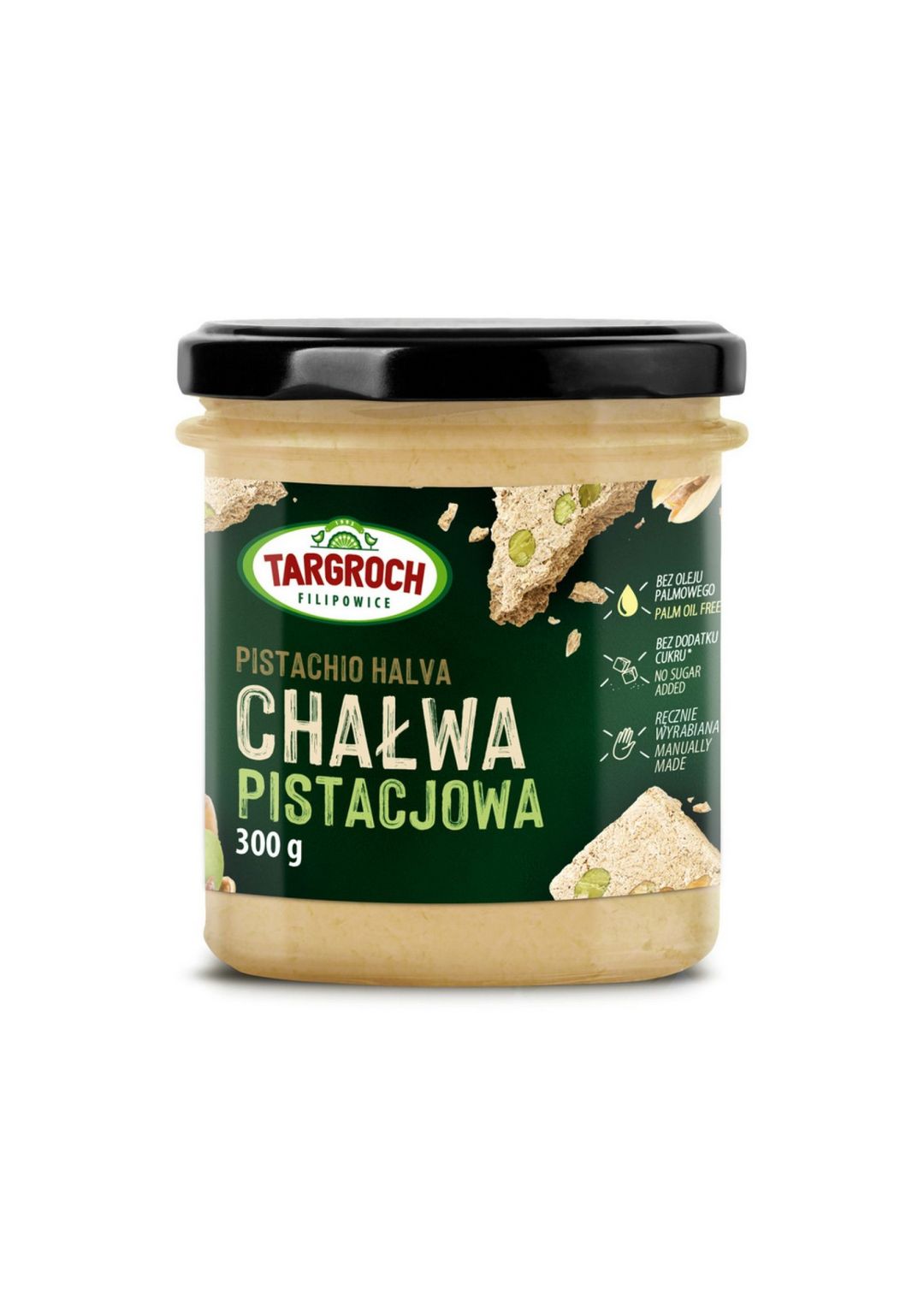 Zuckerfreie Pistazienhalwa von Targroch, 300g, mit grüner Pistazienmasse in einer Verpackung, auf weißem Hintergrund
