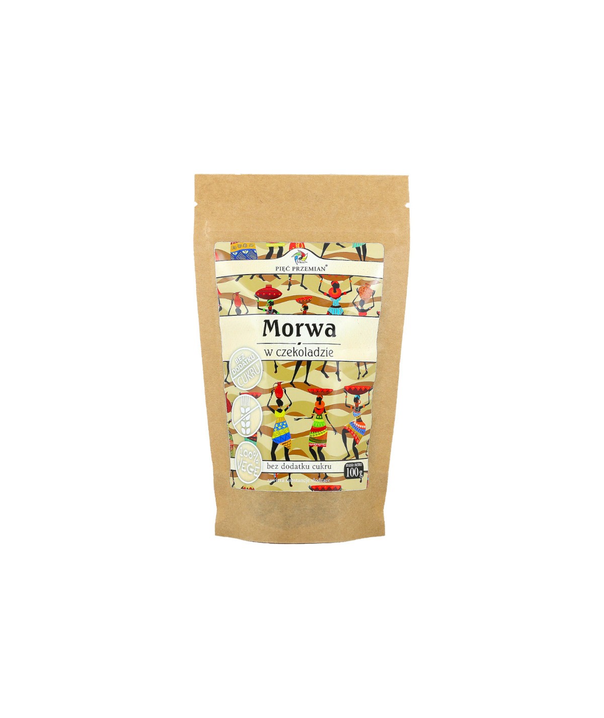 Maulbeere in Schokolade von PIĘĆ PRZEMIAN, glutenfrei und zuckerfrei, 100g, zeigt die dunkle Schokolade mit Maulbeerfrüchten.