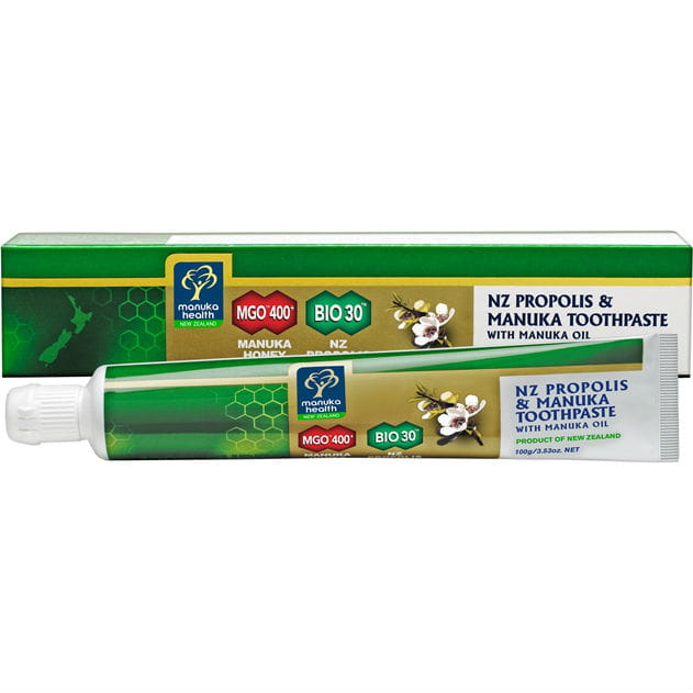 Zahnpasta mit Manukahonig, Propolis und Manukaöl, 100g, von MANUKA HEALTH NEW ZEALAND, zeigt die Zahnpasta-Tube vor weißem Hintergrund