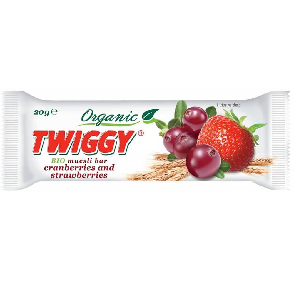 Bio Müsliriegel mit Preiselbeeren und Erdbeeren von TWIGGY, 20 g, geformt und mit Beerenfrüchten verziert