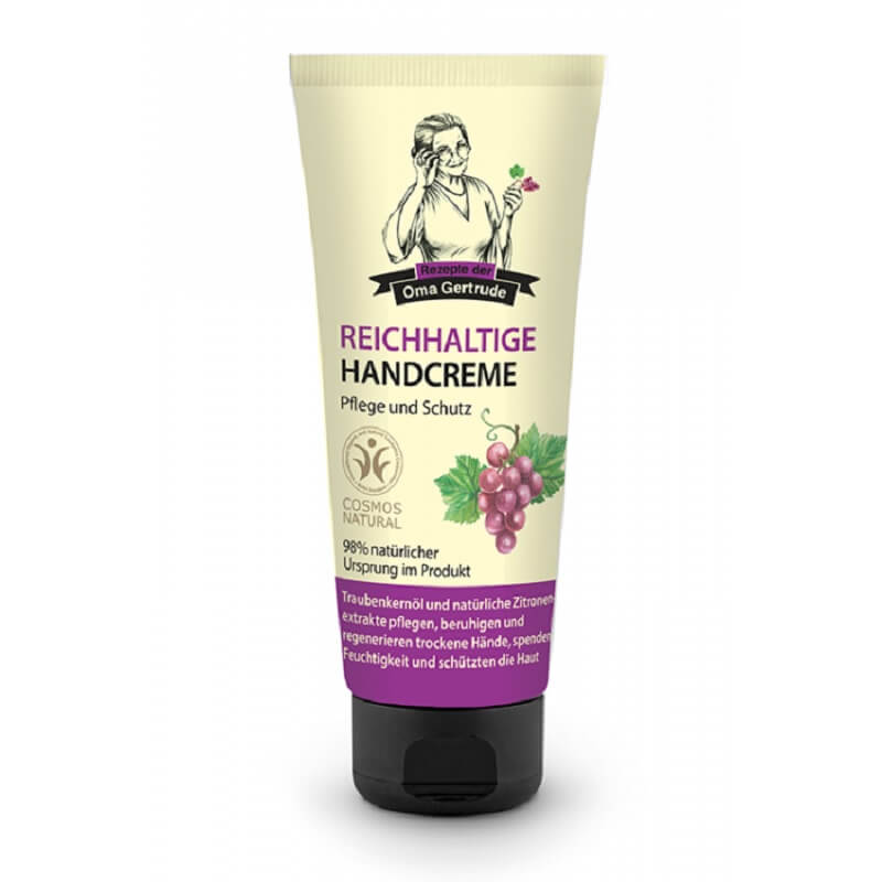 Pflegende Handcreme von OMA GERTRUDE, 75 ml, zeigt eine offene Tube mit cremiger Handpflege und natürlichem Design.
