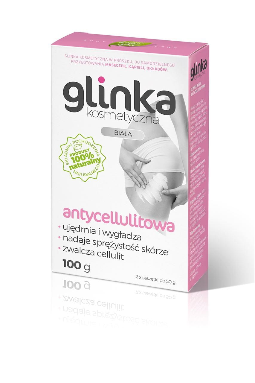 Weiße Anti-Cellulite-Kosmetikerde von BIOMIKA, 100 g, mit pflegender Textur zur Reduzierung von Cellulite, sichtbar in der Verpackung