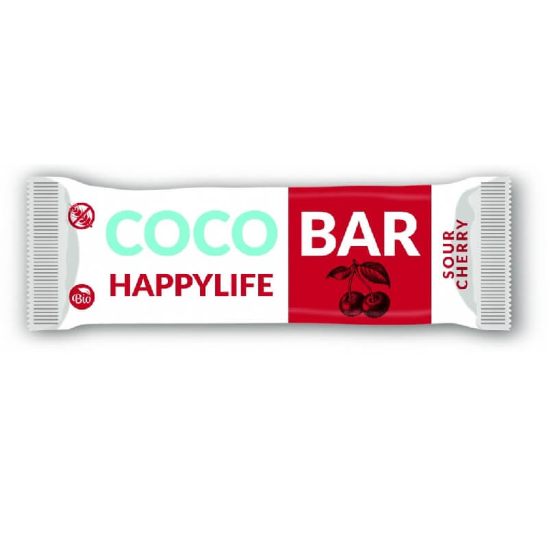 Glutenfreier Kirsch-Kokos-Riegel von HAPPYLIFE, BIO, 40 g, mit Kirschen und Kokosnuss, Nahaufnahme des Riegels