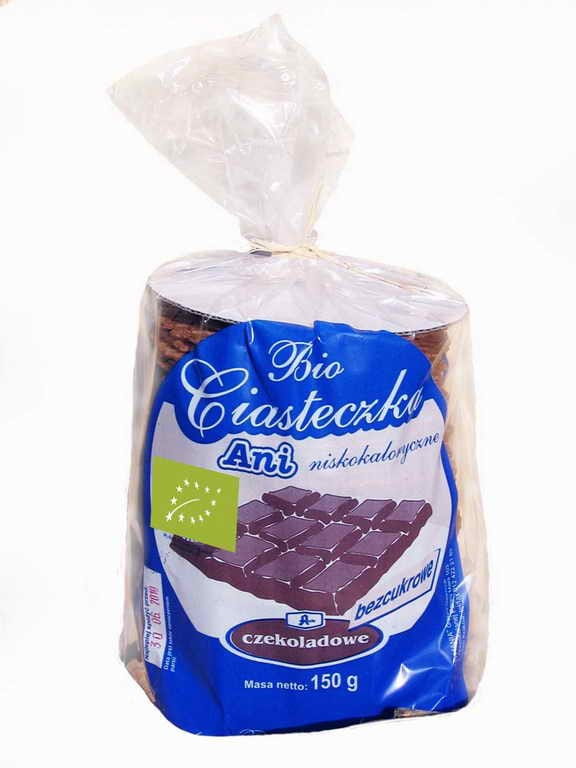 Zuckerfreie Bio-Schokoladenkekse von ANIA BIO, 150 g, knusprige Kekse mit dunkler Schokoladenfüllung in einer Verpackung