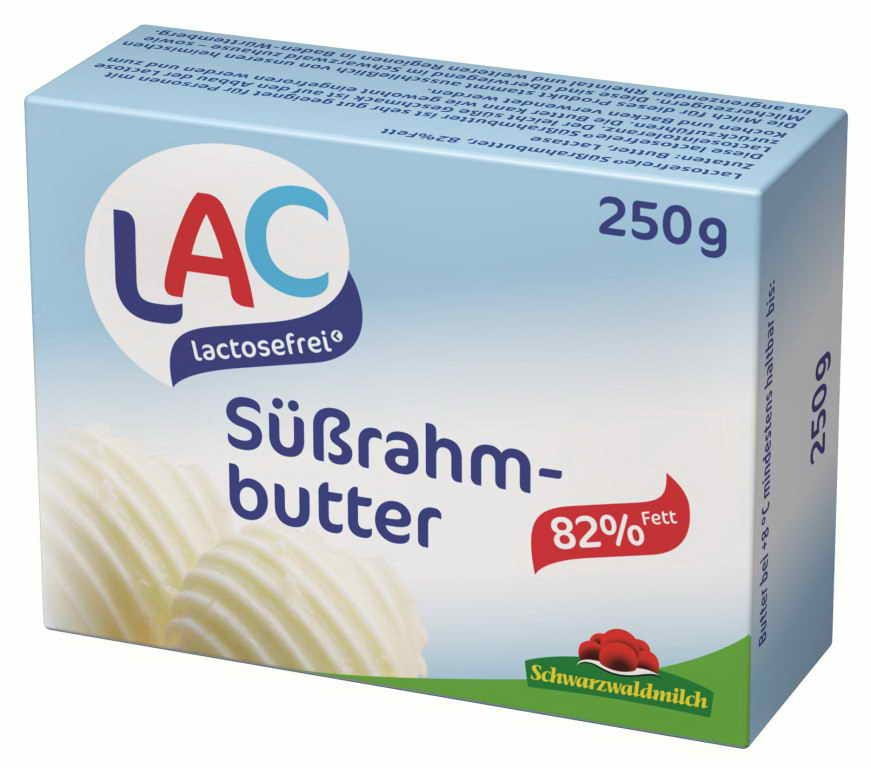 Laktosefreie Butter von SCHWARZWALDMILCH, 250 g, cremige Butter mit laktosefreiem Genuss, zeigt die Verpackung und Butterstück.